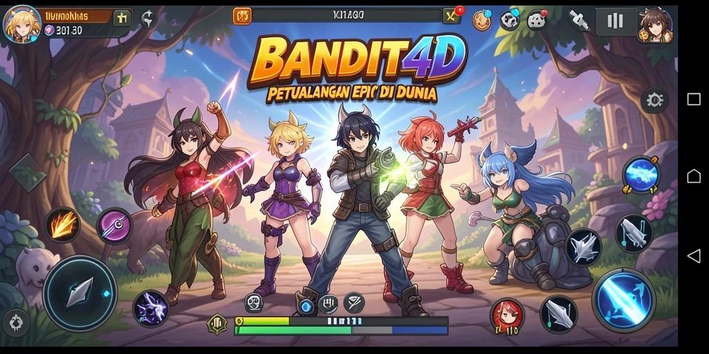 Screenshot gameplay BANDIT4D menampilkan karakter anime dalam pertempuran epik.