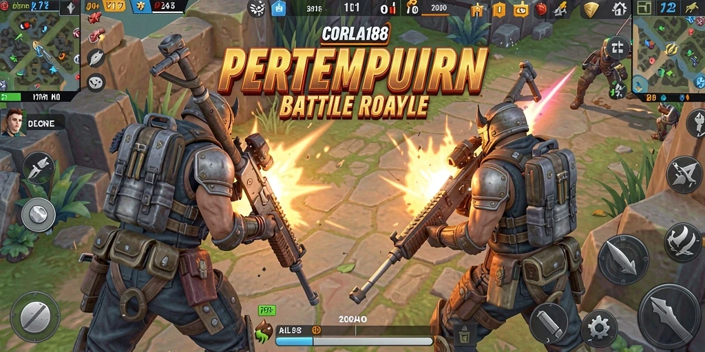 Screenshot gameplay CORLA188 menampilkan aksi pertempuran intens di pulau yang menantang.