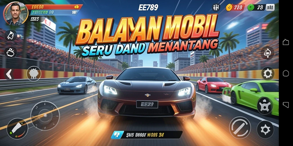 Screenshot utama EE789 menampilkan aksi balap mobil yang mendebarkan.