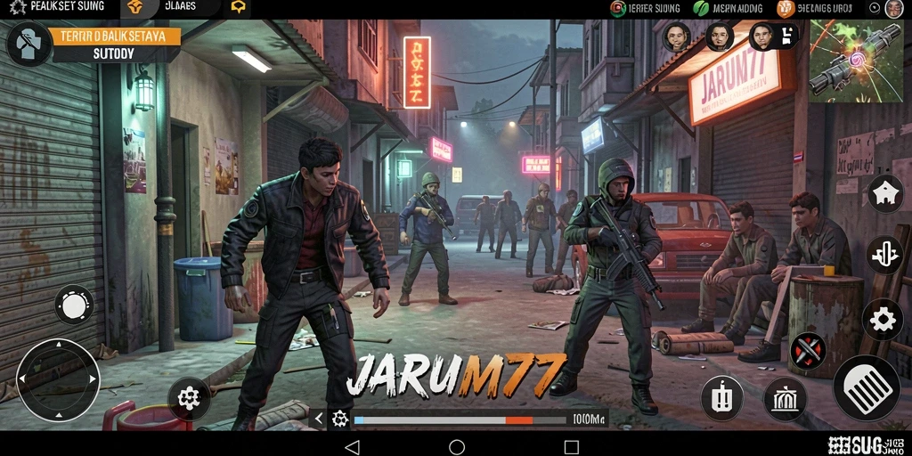 Screenshot gameplay JARUM77 dengan suasana mencekam dan efek visual menakutkan.