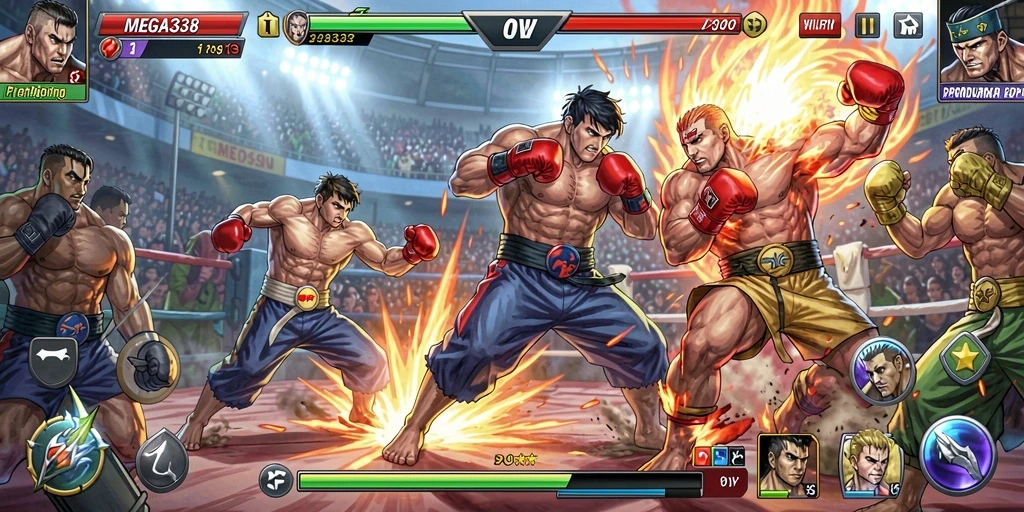 Screenshot gameplay <strong>MEGA338</strong> menampilkan karakter dalam pertarungan yang mendebarkan.