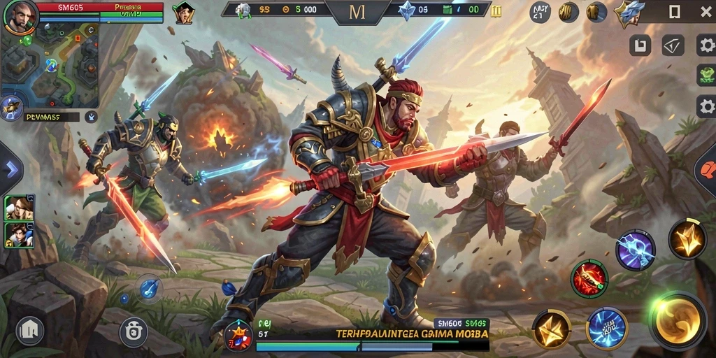 Tangkapan layar menunjukkan aksi pertempuran seru dalam permainan MOBA.