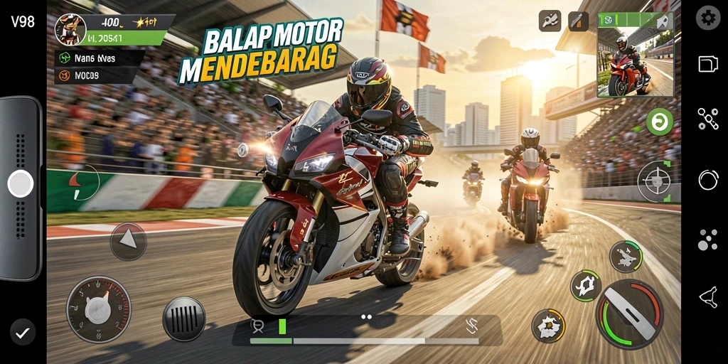 Gameplay seru V98 di lintasan balap motor.